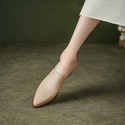 Leather Pointed Deep Mouth Single Shoes Women's Spring New Versatile Retro One-pedal Work Thick Heel Small Leather Shoes