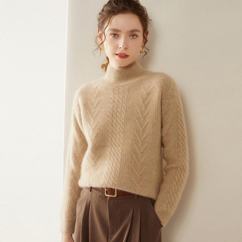 Women's Warm Thickened Cashmere Knit Sweater – Cable Design, Versatile & Skin-Friendly Long Sleeve Top