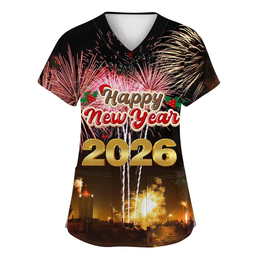 Women's Fashion Printed Short Sleeve V Neck Pattern Tops Pocket Working T-shirts