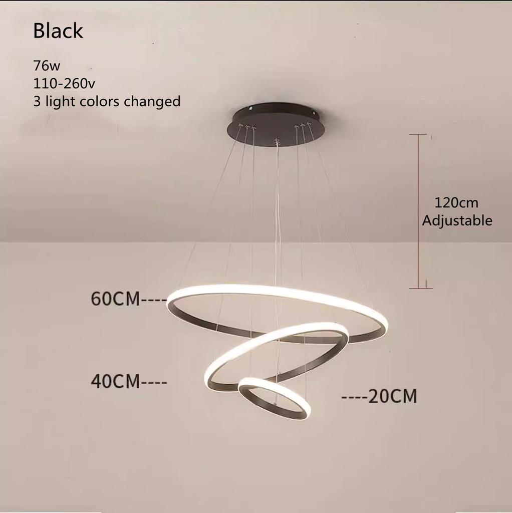 3 Rings Aluminium Chandelier Restaurant Lighting Modern Living Room Ring Lamp 20 40 60cm 3 Layers Dining Room Round Chandelier
