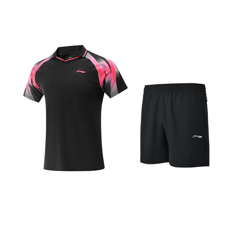 Li Ning Shoulder Polo Neck Quick-Dry Short Sleeve T-Shirt Versatile Comfortable Straight Leg Shorts Casual Sports Suit AAYV117-1+AKSU789-3