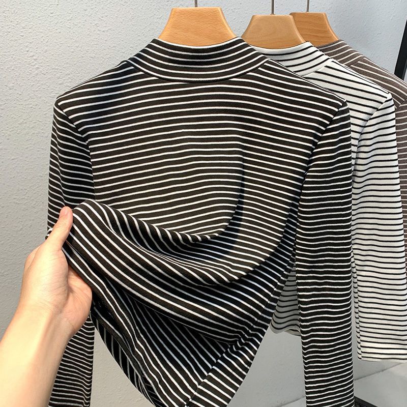 Autumn Winter Half Turtleneck Bottoming Shirt for Women with Retro Black and White Striped Long-sleeved T-shirt Tops for