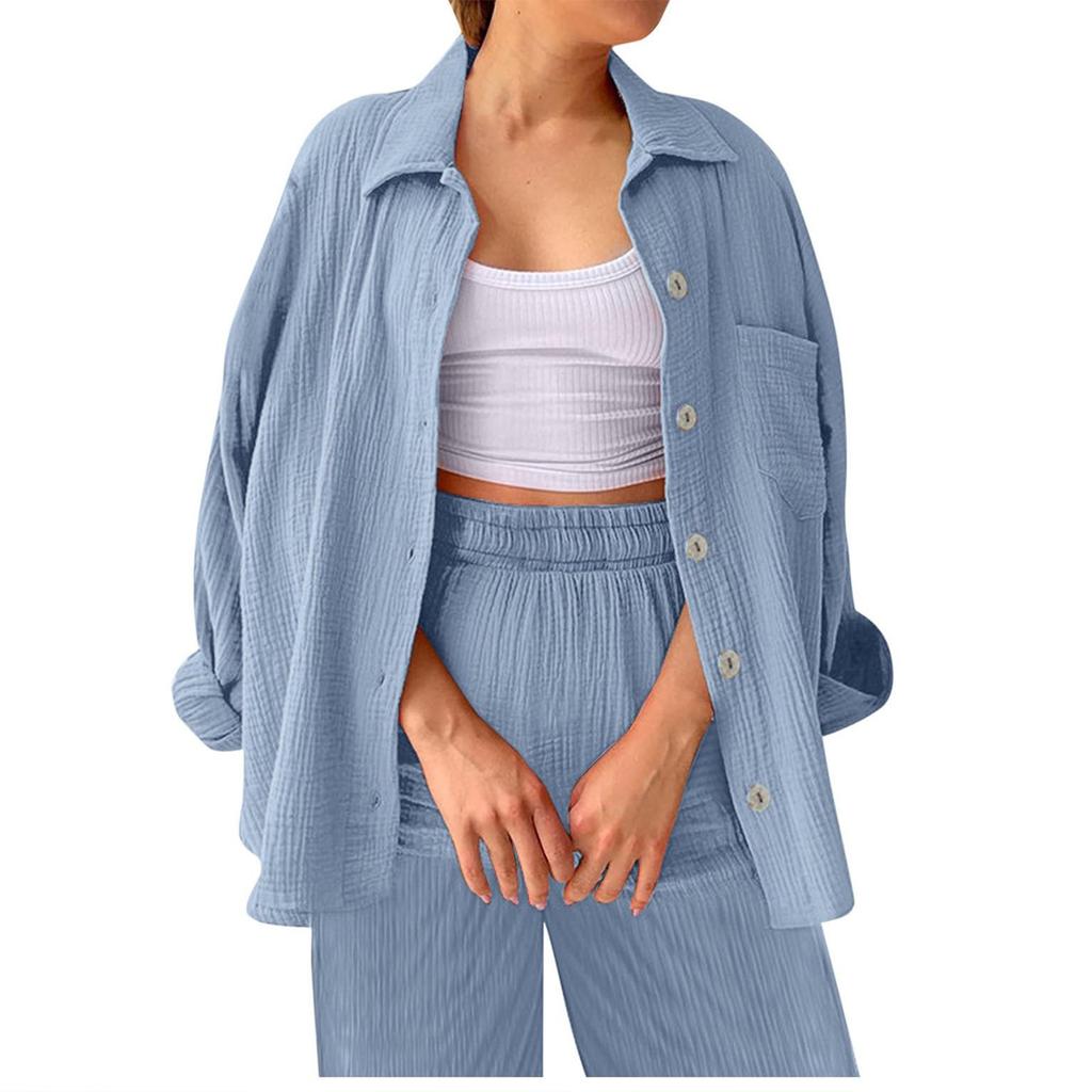 Two Piece Suit Women Summer Muslin Shirt And Trousers Clothes Two Piece Beachwear Suit Two Piece Suit Women