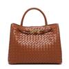 Woven PU Tote Bag With Metal Rope Buckle Large Capacity Shoulder Handbag Women Vintage Style Daily Use