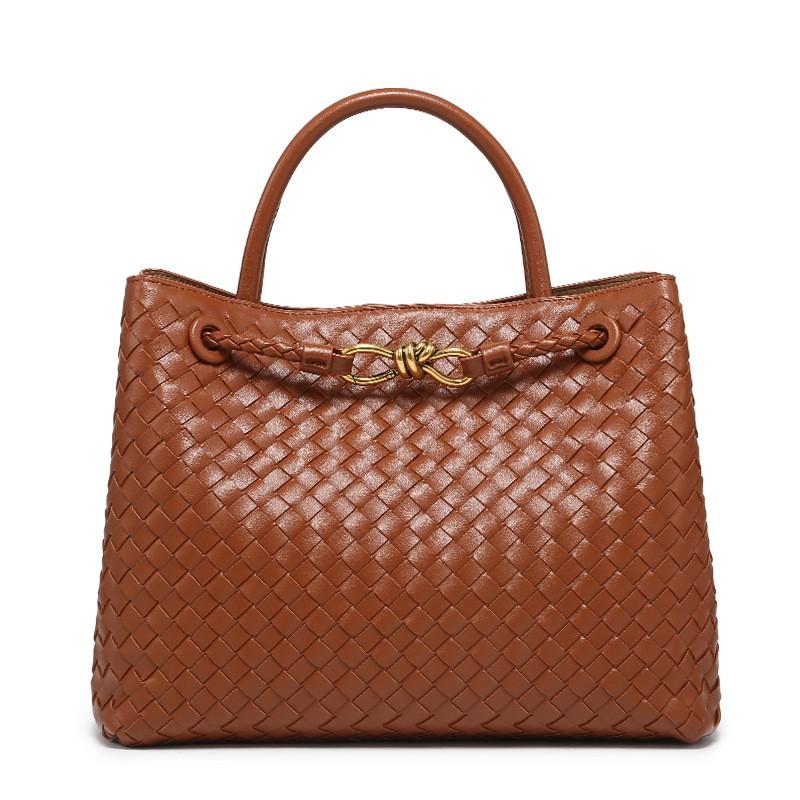 Woven PU Tote Bag With Metal Rope Buckle Large Capacity Shoulder Handbag Women Vintage Style Daily Use