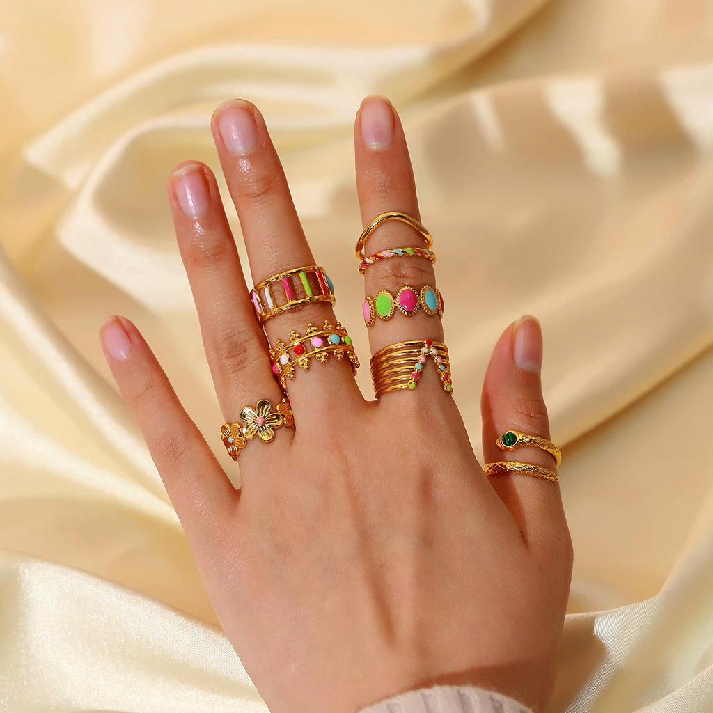 18K Gold Plated Stainless Steel Women's Geometric Colorful Enamel Ring