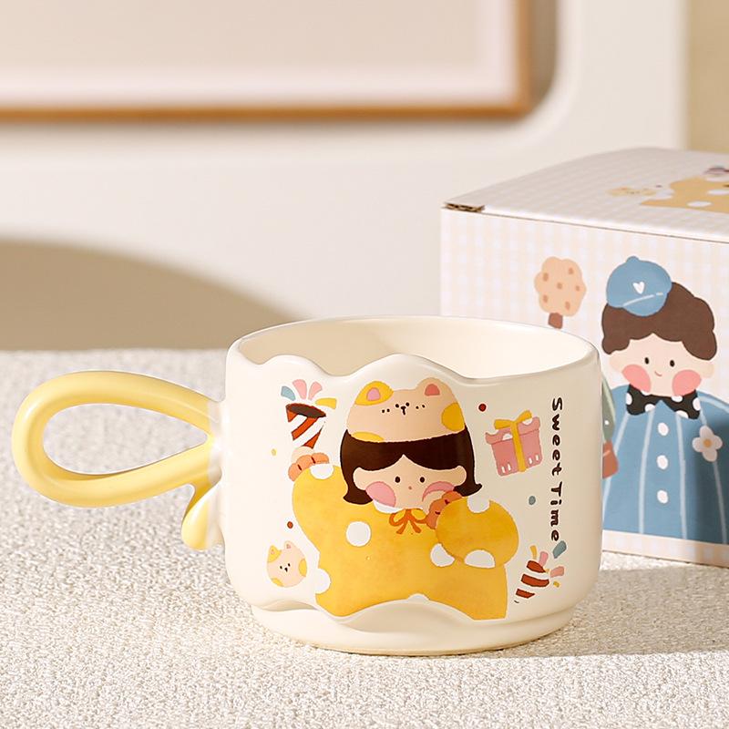 New Creative Cartoon Retro Girl Mug Ceramic Cup High Value Color Block Handle Souvenir Coffee Cup Gift