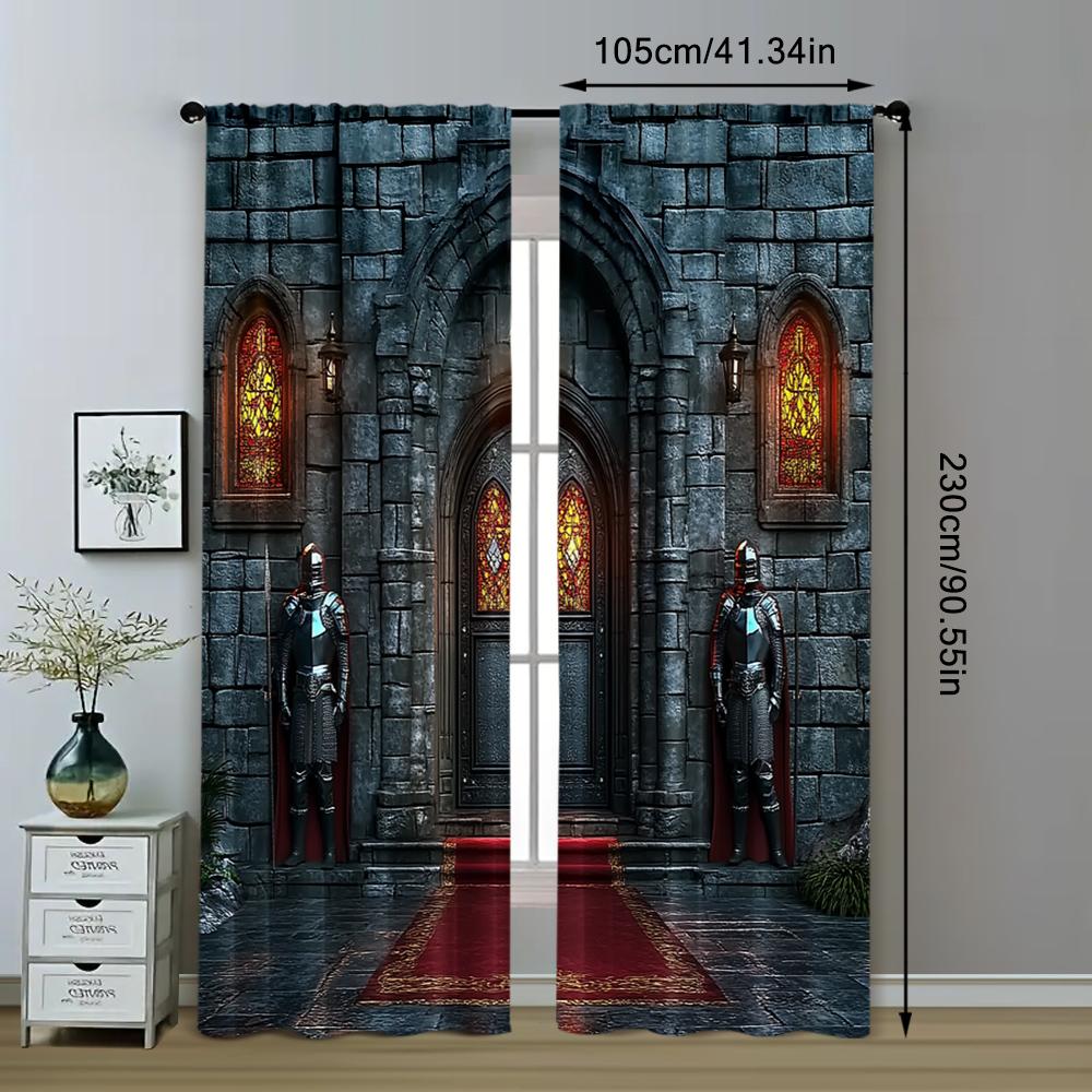 2pc,  Curtains Medieval Castle Versatile 100% Polyester,Without Electricity Birthday Party Use for With Rod Pockets, Translucent
