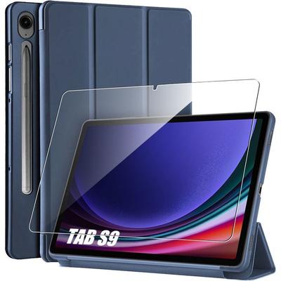 Hülle + Gehärtetes Glas -E.F.CONNECTION - für Samsung Galaxy Tab S9 - Kratzschutz - Aufwach-Weckfunktion Halter - Dunkelblau