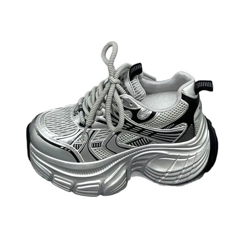 Silver Stacked Inner Height-increasing Women's Shoes 2025 New Summer Ins Internet Celebrity Platform Muffin Sports and Leisure Dad Shoes