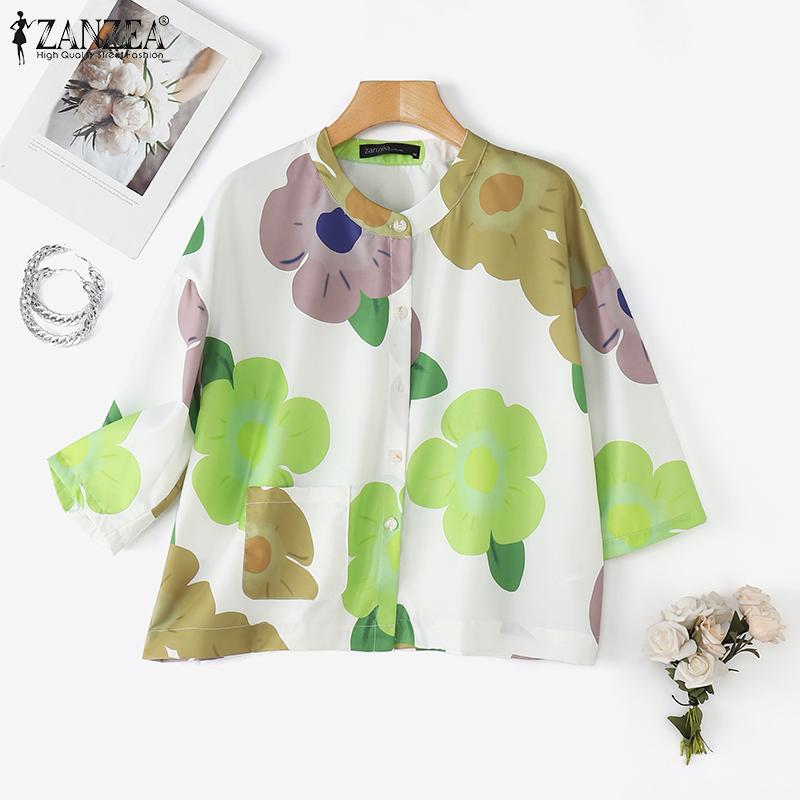 ZANZEA Women Casual Round Neck 3/4 Sleeve Summer Loose Print Blouse