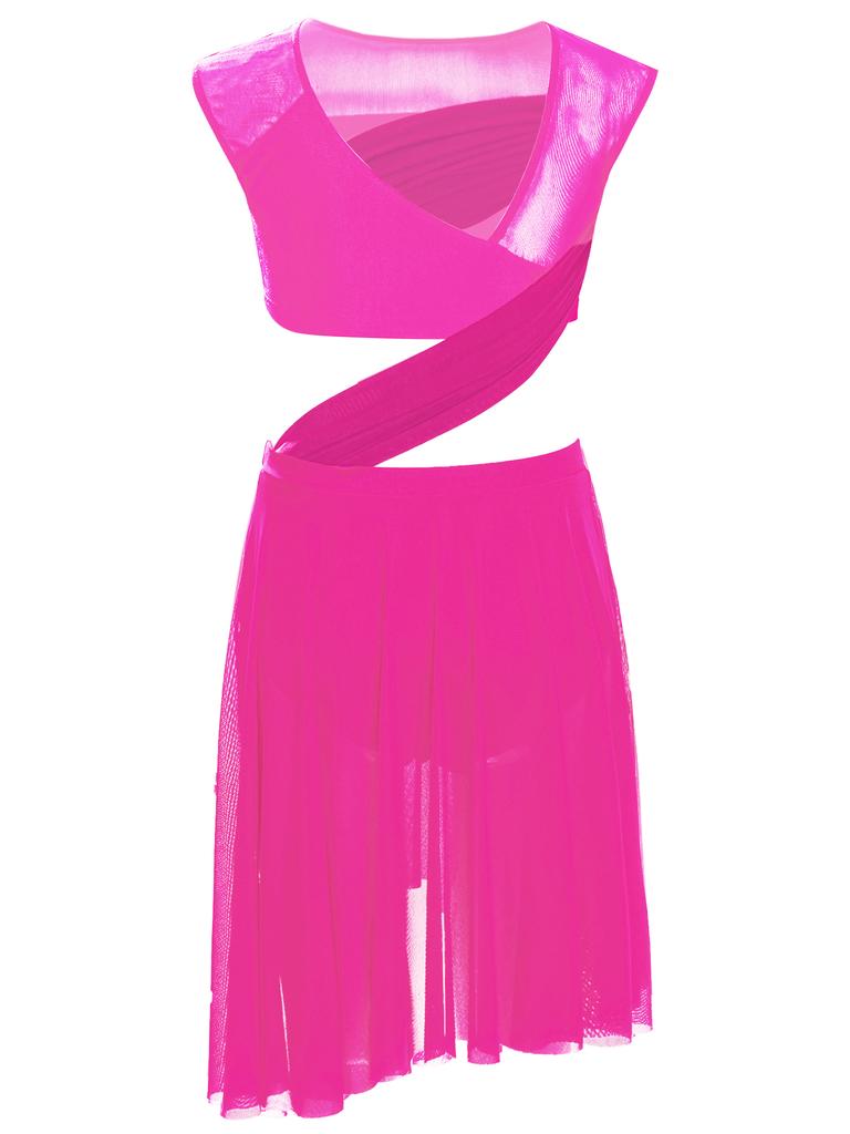 Mergaičių Lyrinio šokio suknelė Vientisa Berankovė Permatomo tinklelio Patchwork Asimetriškas kraštas Pasirodymo kostiumas