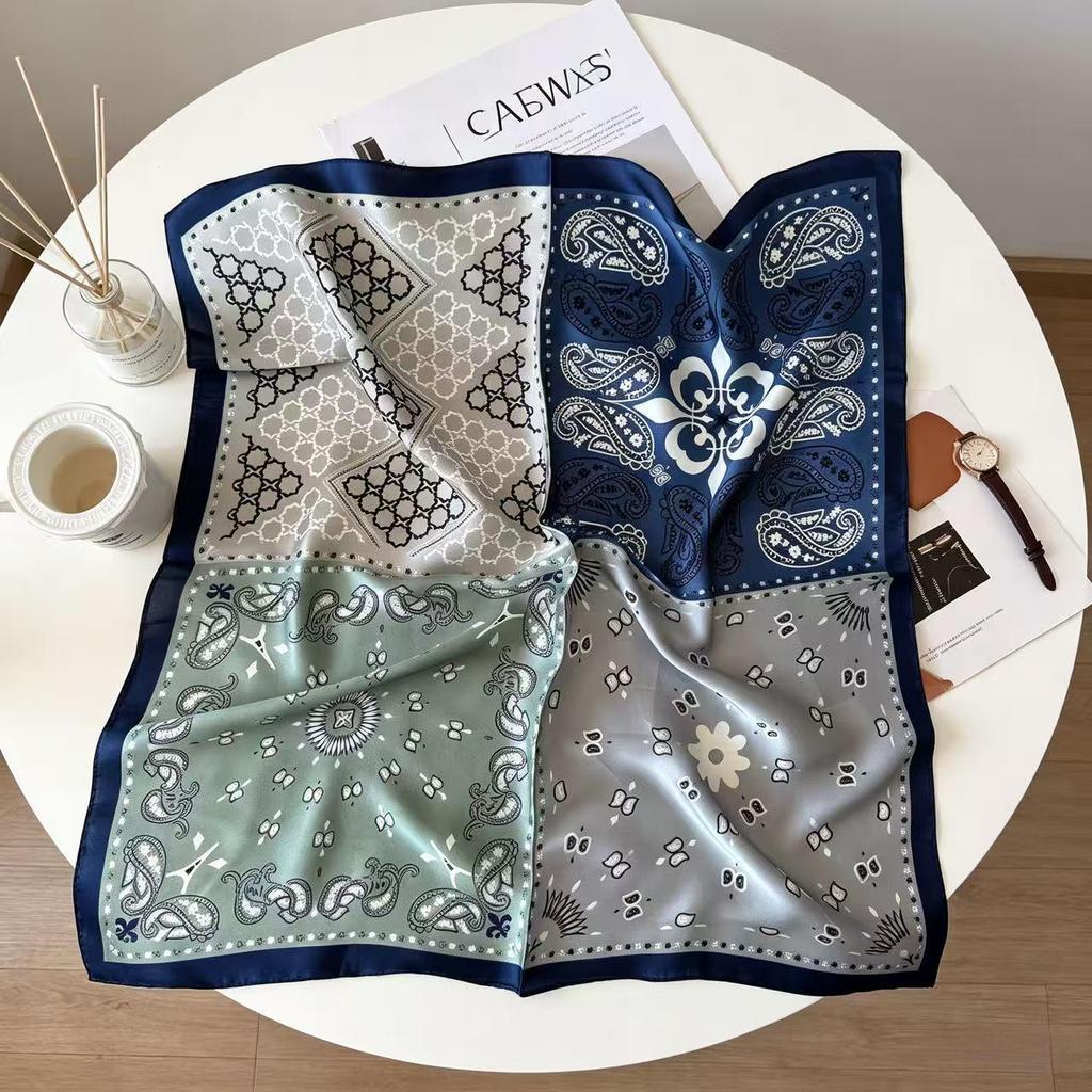 Elegant Women's Silk Scarf: Small, Imitation Silk, Spring & Autumn Neck Warmer, Japanese Style, Square Design.