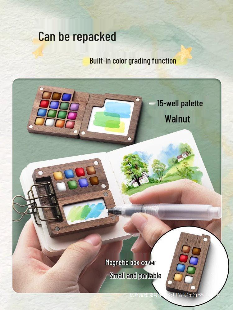 Children's Portable Watercolor Paint Set In Walnut Box