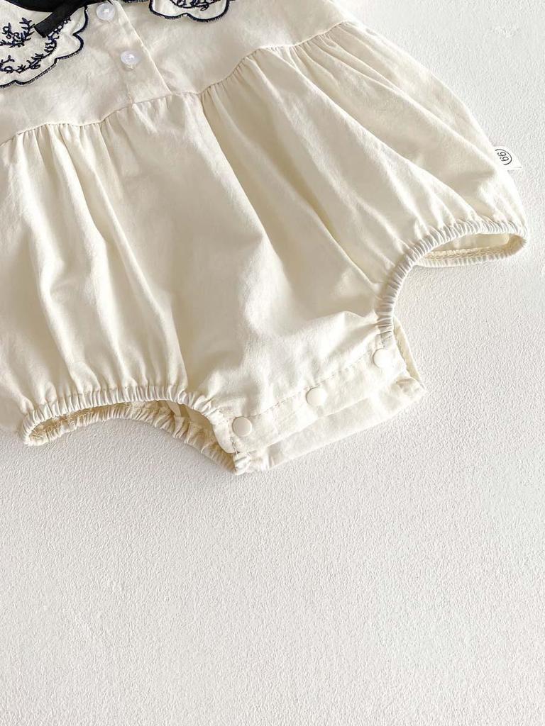 Embroidered Summer Romper with Turn-Down Collar and Bow for Newborn Girls