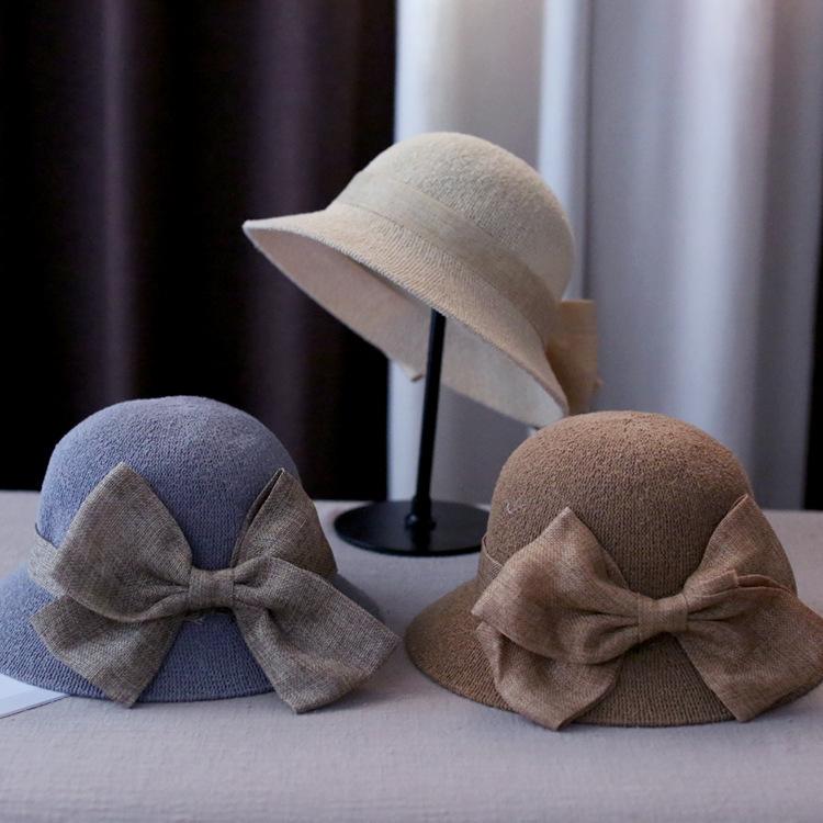 Straw Hat Big Bow-knot Women Summer Hat Solid Color Curled Edge Sun Cap Foldable Vacation Fisherman Hats