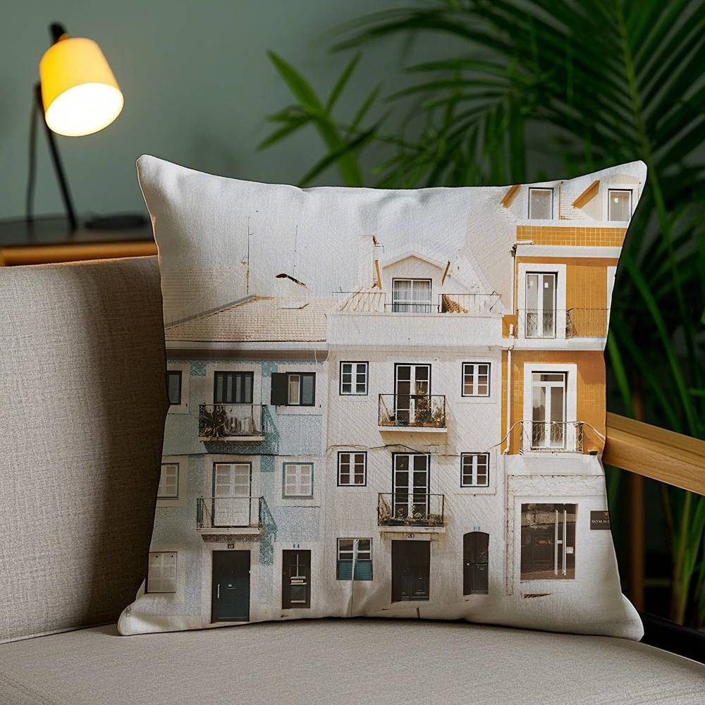 Spanish Beach Island Architecture Art Pillow Case Anti-dustmite Pillowcase Invisible zipper silky short plush Sofa cushion cover