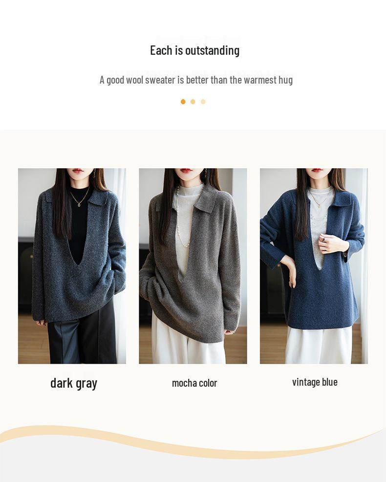 Women's POIO Collar Wool Sweater: Casual, Autumn/Winter, Long Sleeve, Loose, Slimming, Versatile Knit Pullover.