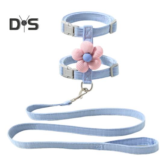 

Шлейка для кошек, поводок, ошейник, набор для прогулок, регулируемая двухслойная шлейка для домашних животных с цветочным декором, ошейник с защитой от побега для маленьких и средних кошек S синий