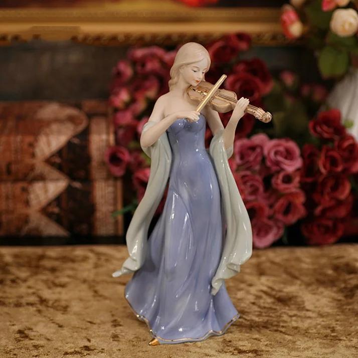 Elegante Porzellan Geige spielende Dame Figur Keramik Musikschönheit Statuette Dekor Geschenk Handwerk Ornament Zubehör Einrichtung