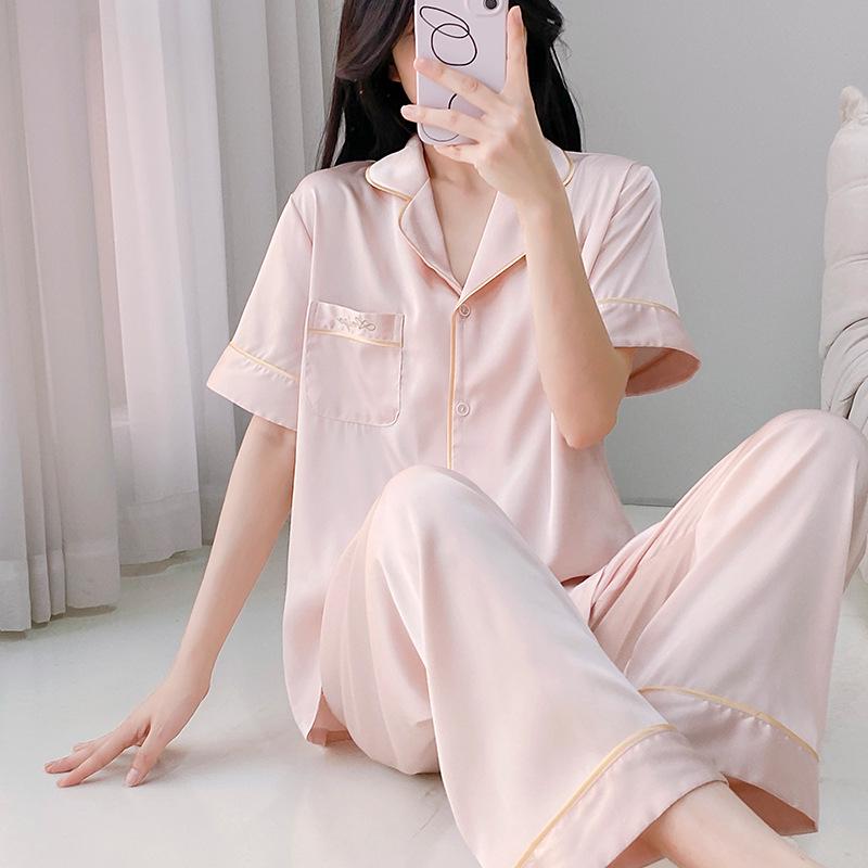 Women's 2025 Ice Silk Pajamas: Summer Thin, Loose Fit, Short Sleeve & Long Pants Set for Spring/Autumn