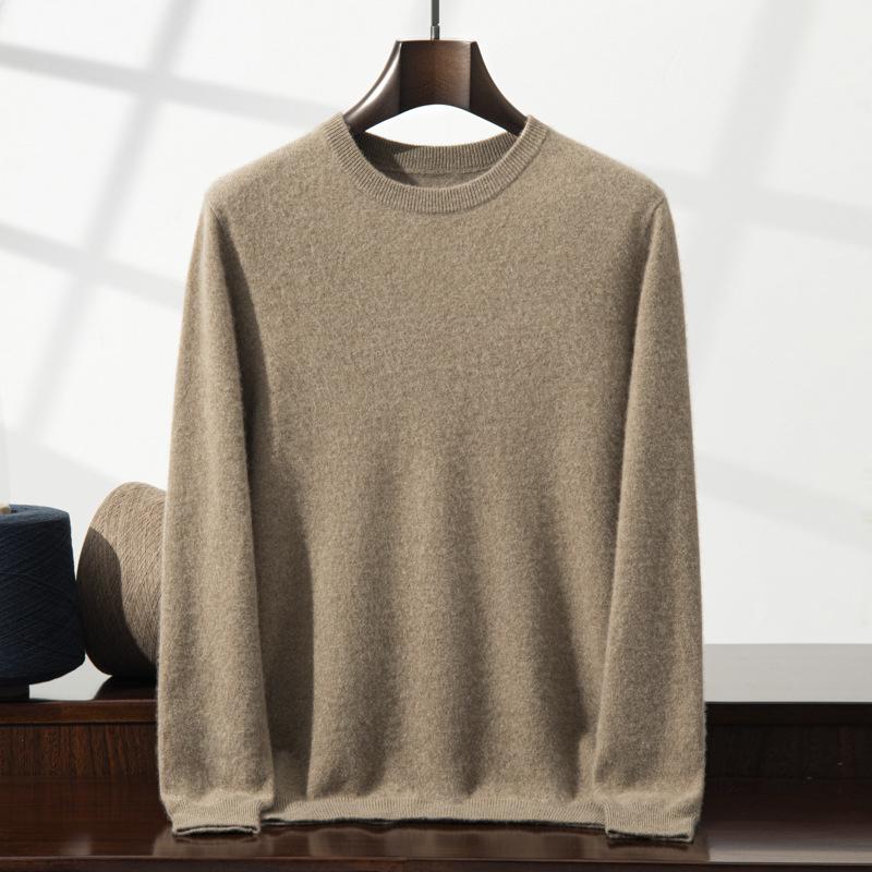 2025 new cashmere shirt men's round neck solid color pullover sweater with knitting inside