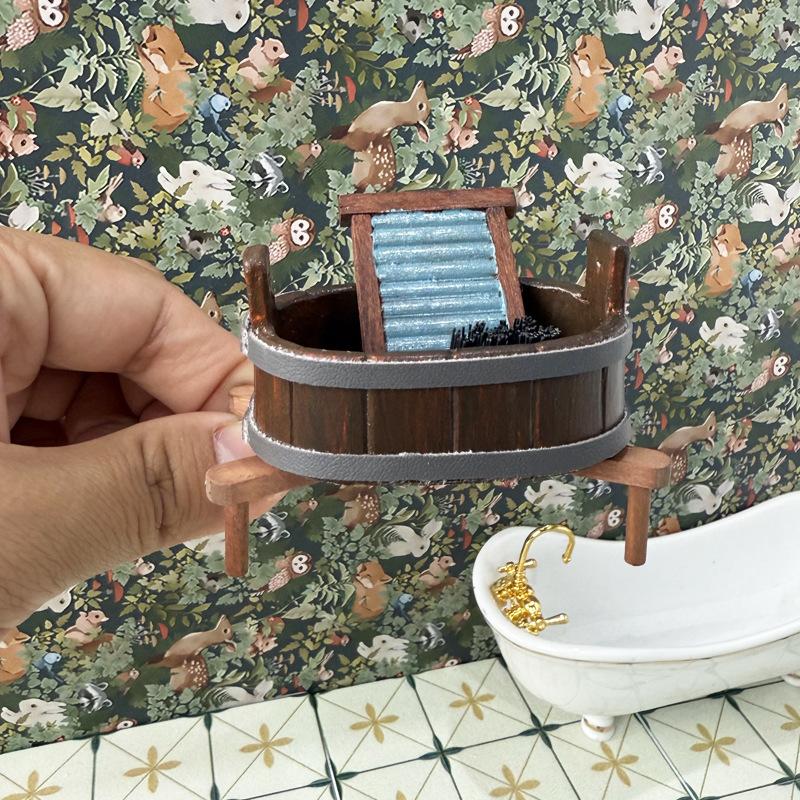1:12 Dollhouse Miniature Wooden Barrel Washboard Brush Three-Piece Set Laundry Scene Micro Landscape Ornaments Pretend Play Toys