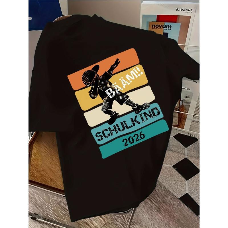 Kids Crewneck Short Sleeve T-Shirt, Schulkind Bam Print, Trendy Campus Casual Tee for Students