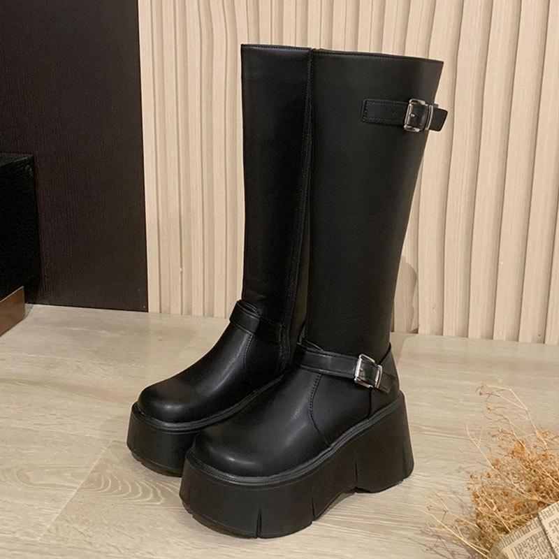 

Ретро французские черные ботинки на платформе женские 2025 новые осенние маленькие толстые мм тонкие и увеличивающие рост рыцарские ботинки 40 чёрный