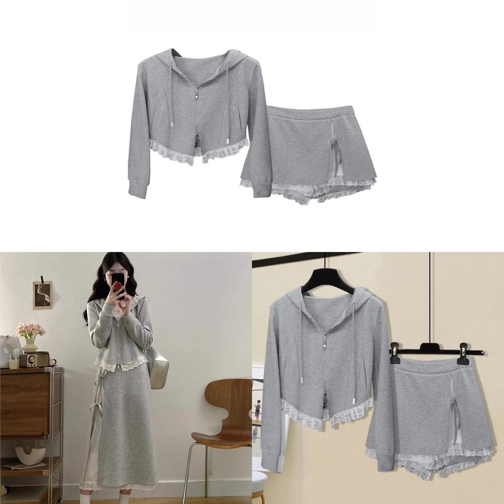 Lingerie Style Lace Hooded Sweatshirt And Midi Skirt Set For Casual Wear