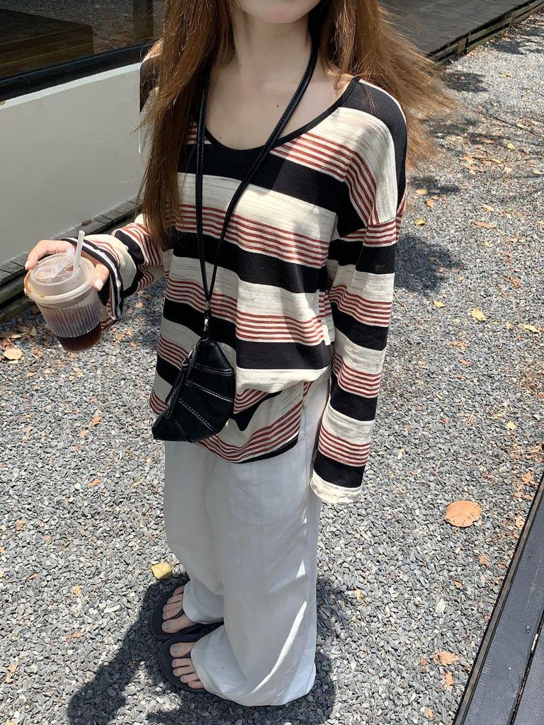 Hong Kong Retro Striped Sun Protection Loose Slimming Women's Long Sleeve T-shirt