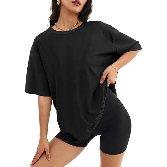 

Spring and summer European and American large-size women s tops, crew neck women s T-shirts, hot-selling pullovers, women s loose short sleeves XS чёрный