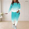 Women Plus Size Two Piece Set Round Neck Long Sleeve Top Fitted Pants Cartoon Printed Colorful Outfit