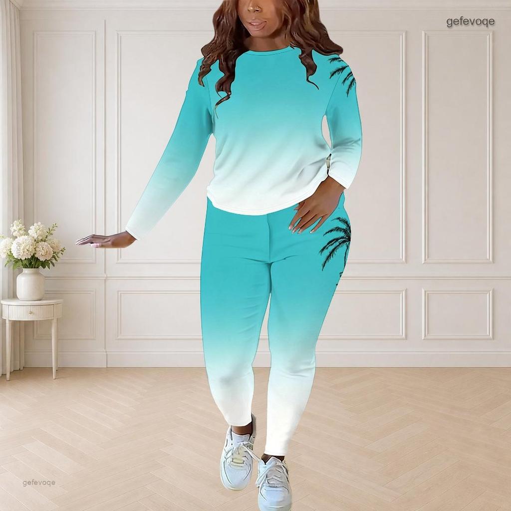 Women Plus Size Two Piece Set Round Neck Long Sleeve Top Fitted Pants Cartoon Printed Colorful Outfit