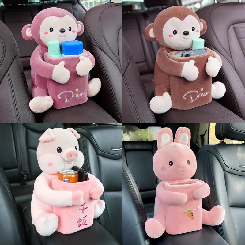 Uchwyt na chusteczki montowany w samochodzie 2 w 1 Kreskówkowa pluszowa lalka Automatyczny schowek w podłokietniku Wiszący pojemnik na papier do przechowywania Kosz na śmieci samochodowy i uchwyt na chusteczki