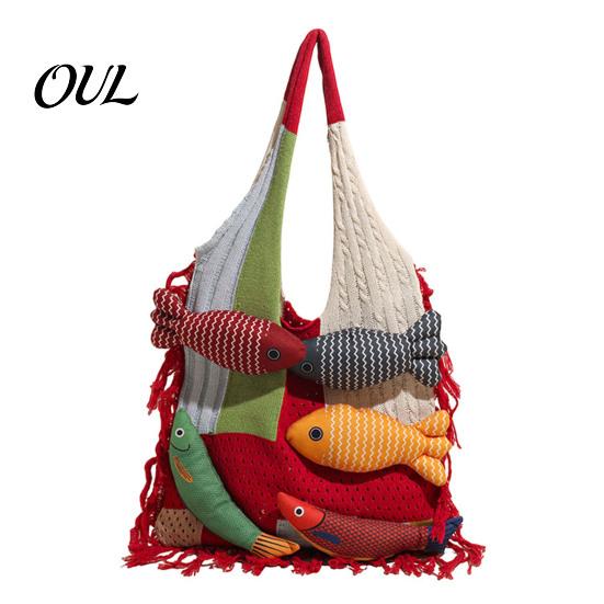 Boho Fashion Bag 3D Fish Knitted Tote, Patchwork Shoulder with Tassels, Practical Sundries Colorful Women Purse for Daily Commuting Travel Shopping