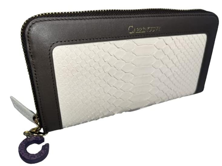 

Long wallet with round zipper, made of genuine diamond python leather and genuine lamb leather, 702582 (Ivory)