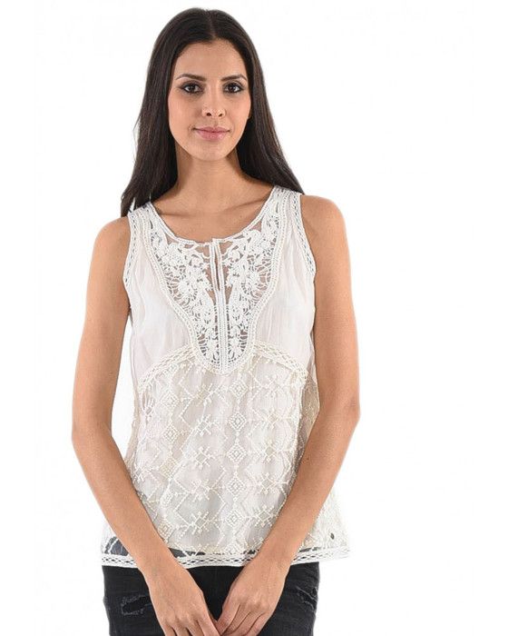 Top Femme - Kaporal - FLAME17W40 - Dentelle - Col V - Sans Manche - Blanc