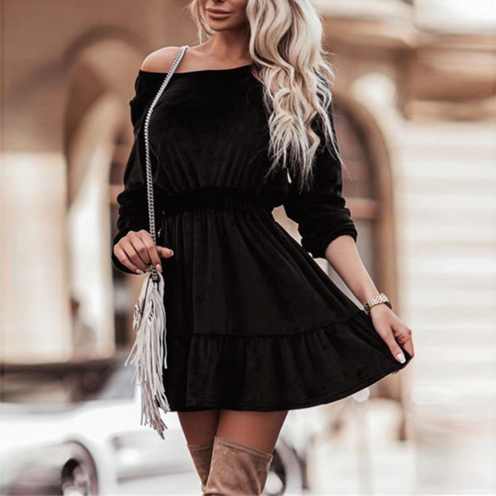 

Women s Fashion And Winter New Long Sleeve Slim Solid Color Ruffle Dress M чорний