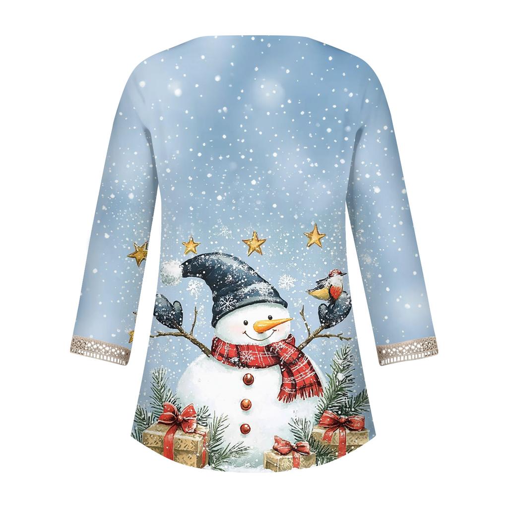 Women's Loose Casual Three-quarter Sleeve V-neck Lace Loose Christmas Print T-shirt Top