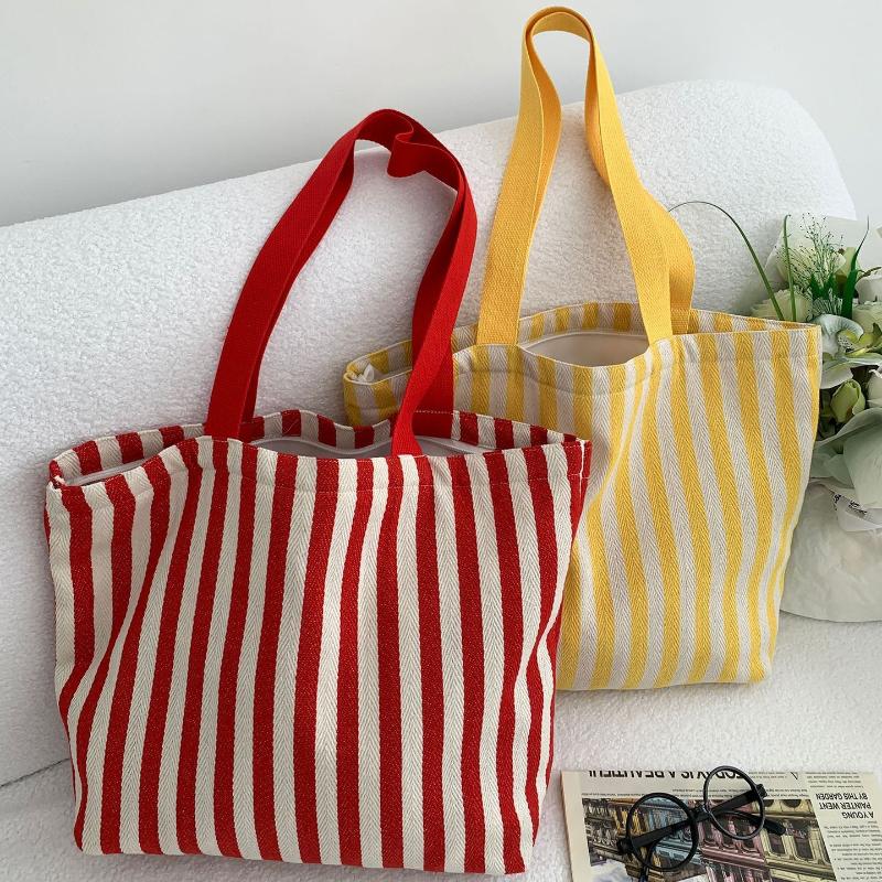 1Pcs Female Daily Shopping Bags Simple Striped Women'S Canvas Casual Shoulder Bags Fashion Large Capacity Ladies Tote Handbags