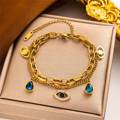 Trendy Golden - Tone Layered Bracelet With Blue Crystal & Evil - Eye Charm Micro Inlaid Large Zircon Female Wedding Jewelry