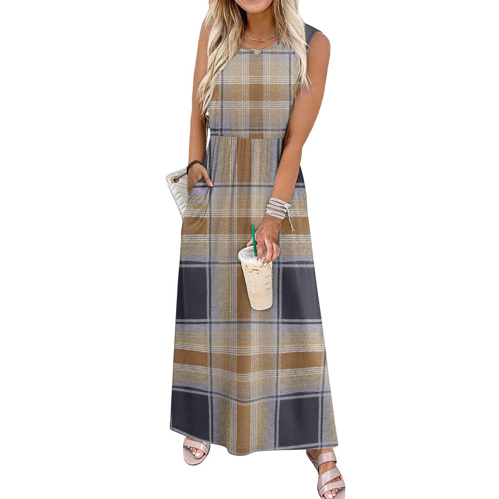 Ladies' Plaid Printed Casual and Fashionable Waist Cinched Sleeveless Dress