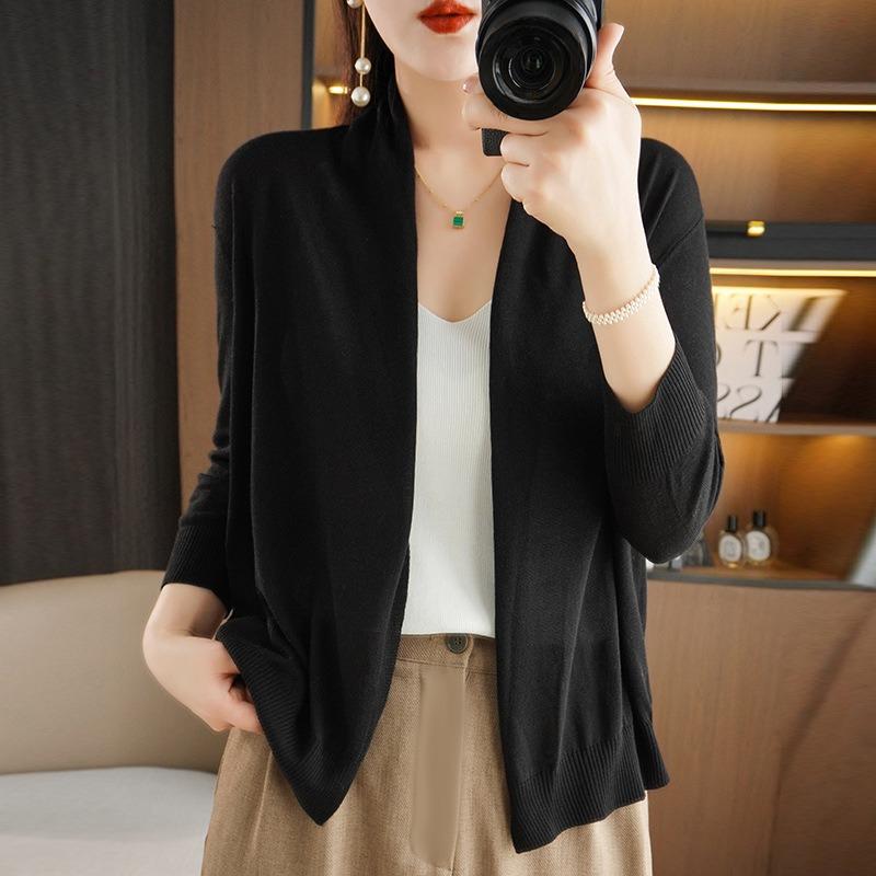 

Тонкий шелковый льняной трикотажный кардиган для женщин с длинными рукавами, свободная элегантная шаль, повседневное пальто, однотонное, простая базовая модель, для поездок на работу, весна-осень XXL чёрный