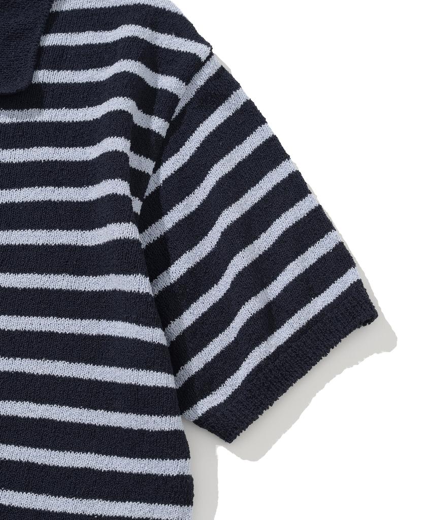 KNITTED (W) Boucle Stripe Collar Knit Navy
