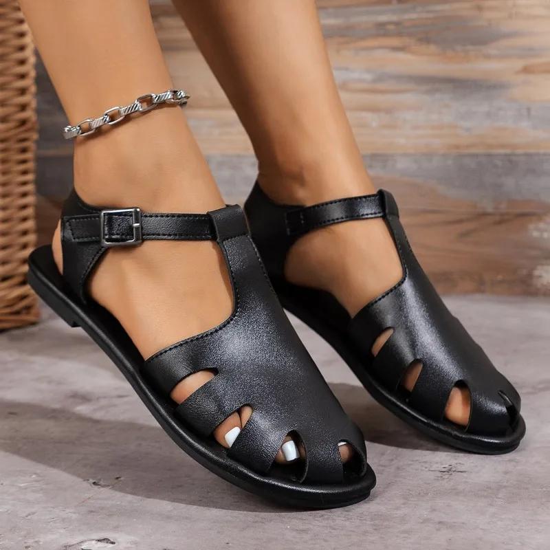 2024 Letní Nové Vysoce Kvalitní Dámské Boty Baotou Jednobarevné Dámské Sandály Velká Velikost Spona Módní Dámské Sandály