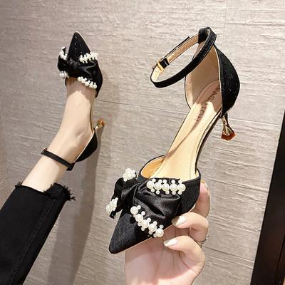 Fashion Pearl Bowknot Pumps Women Pointed Toe Ankle Strap High Heels Shoes Woman New Thin Heels Wedding Prom Shoes