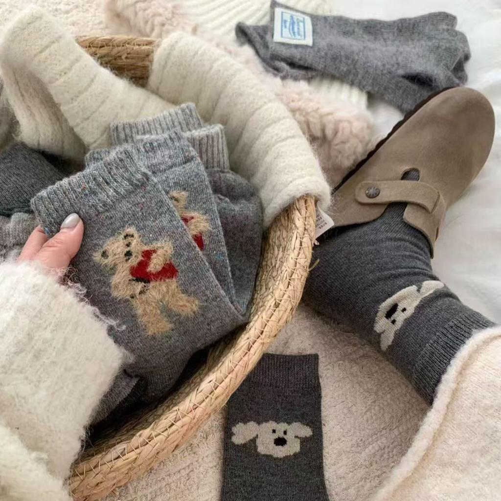 8Pairs Korean Winter Gray Wool Socks Women's Dog Embroidery Mid Tube Cute Cartoon Socks Fashion College Style Breathable Sock