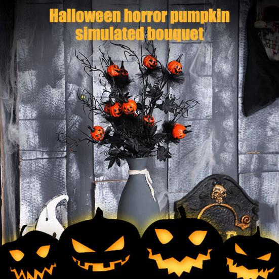 Tulpină Artificială de Halloween Ramură Falsă de Salcie Crețată cu Dovleac și Frunze Negre de Arțar Crenguțe Gotice Artificiale pentru Vază Decorațiuni DIY pentru Casă