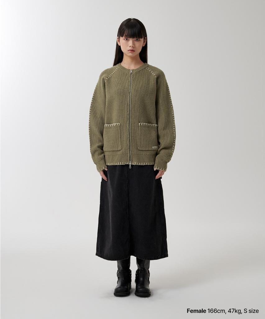 MAHAGRID Stitch Zip-Up Knit Khaki(Mg2Fsmk680A)
